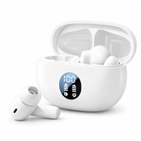 Auriculares inalambricos blancos con estuche led brillante y pantalla digital cargada al 100 para gaming y música