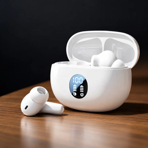 Auriculares inalambricos blancos con estuche led brillante y pantalla digital al 100 por ciento para gaming y música