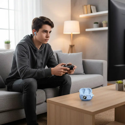 Adolescente jugando a videojuegos en el sofá con auriculares inalámbricos M25 azules y estuche de carga sobre la mesa