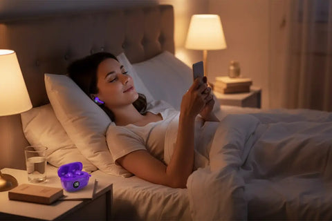 Auriculares Bluetooth M25 morados en uso mientras una mujer escucha música con el móvil en un dormitorio acogedor