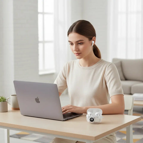 Mujer joven trabajando con portátil mientras usa auriculares inalámbricos M25 blancos, con el estuche de carga abierto sobre el escritorio.