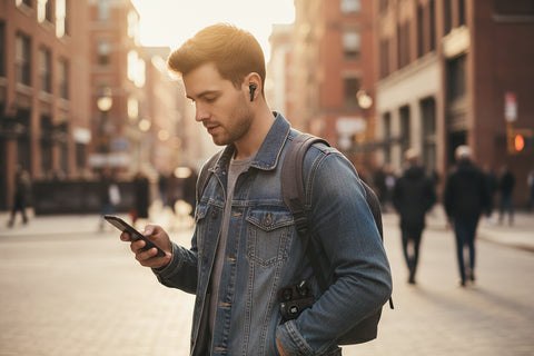 Hombre caminando por la ciudad usando auriculares inalámbricos M25 negros, con el estuche de carga en la mano.