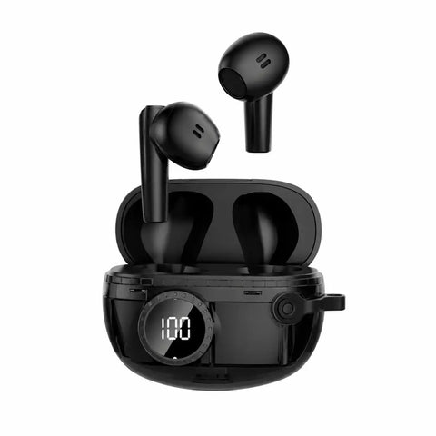 Auriculares inalámbricos m25 negros con acabado brillante y estuche oval con pantalla digital que muestra carga inalámbrica y sonido estéreo premium