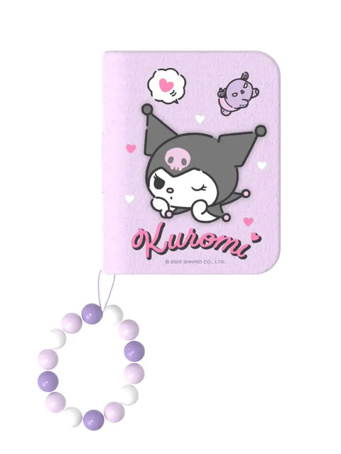 Pulsera de cuentas púrpura y blanca con gato en cuaderno Sanrio Kuromi Cinnamoroll
