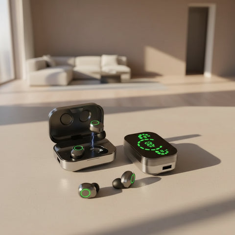 Auriculares TWS inalámbricos con pantalla LED verde digital y estuche de carga plateado en salon