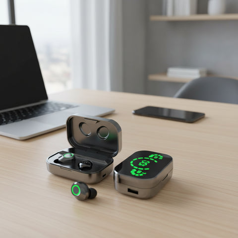 Auriculares inalámbricos negros con estuche de carga digital LED sobre escritorio junto a un ordenador portátil