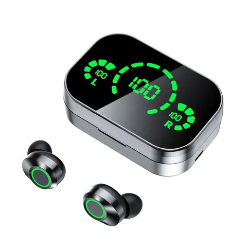 Auriculares TWS inalámbricos negros con pantalla LED verde en estuche de carga