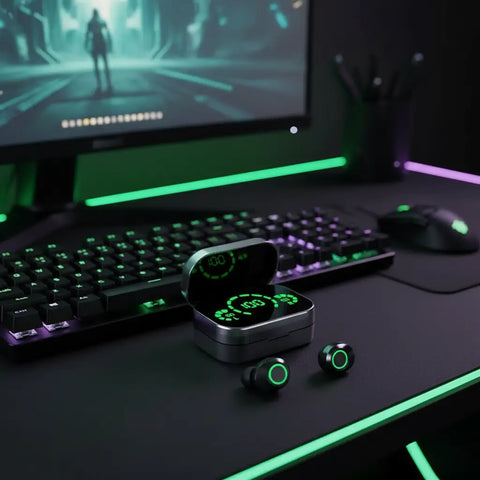 Auriculares inalámbricos negros con estuche de carga digital LED junto a teclado y monitor gaming con luces verdes