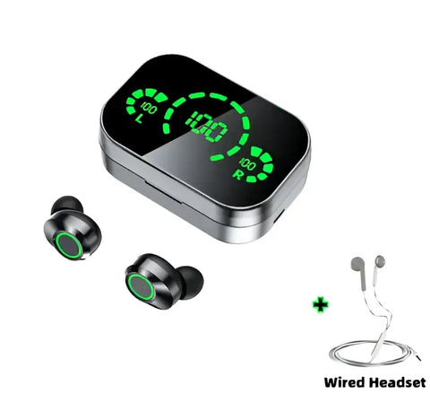 Auriculares inalámbricos TWS con pantalla digital, negros y verdes, estuche de carga