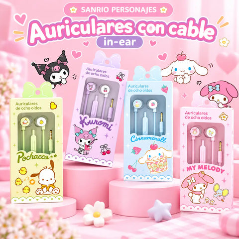 Auriculares kuromi kawaii en rosa y blanco con diseño de big ear dog y estuche decorado incluido