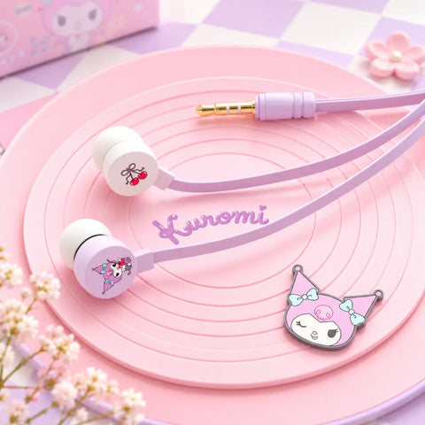 Auriculares kuromi kawaii en colores rosa y blanco con cable, estuche decorado y suaves earpieces de silicona
