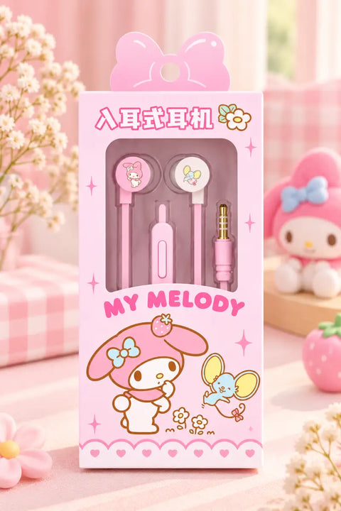 Auriculares kuromi kawaii rosas con cable y estuche decorado con diseño big ear dog y auriculares temáticos