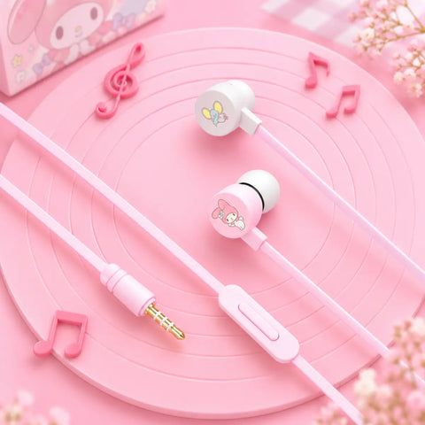 Auriculares kuromi kawaii con cable rosa y earpieces blancos con estuche decorado estilo big ear dog