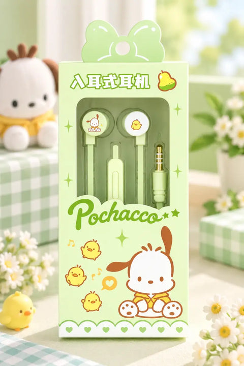 Auriculares kuromi kawaii en color verde pastel con diseño big ear dog y cable con estuche decorado a juego