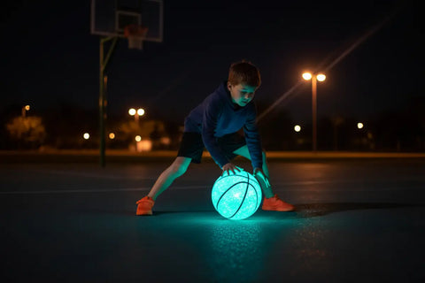Balón de baloncesto que brilla en la oscuridad con diseño clásico