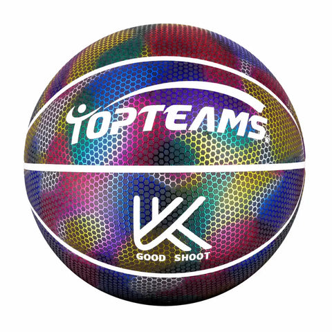 Balón reflectante tamaño 7 con textura hexagonal y diseño arcoíris con logo topteams y marca good shoot