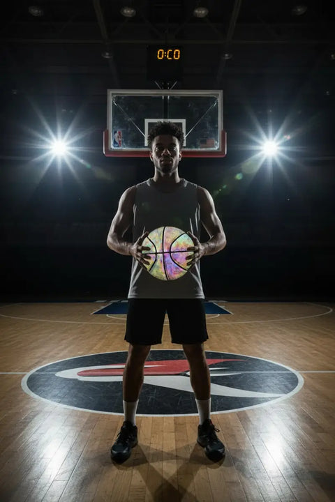 Balón de baloncesto holográfico reflectante con acabado brillante multicolor para jugar de noche talla 7