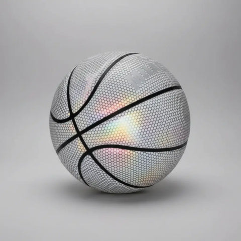 Balón de baloncesto reflectante talla 7 con patrón hexagonal holográfico y costuras negras ideal para grabar vídeos y electrónica