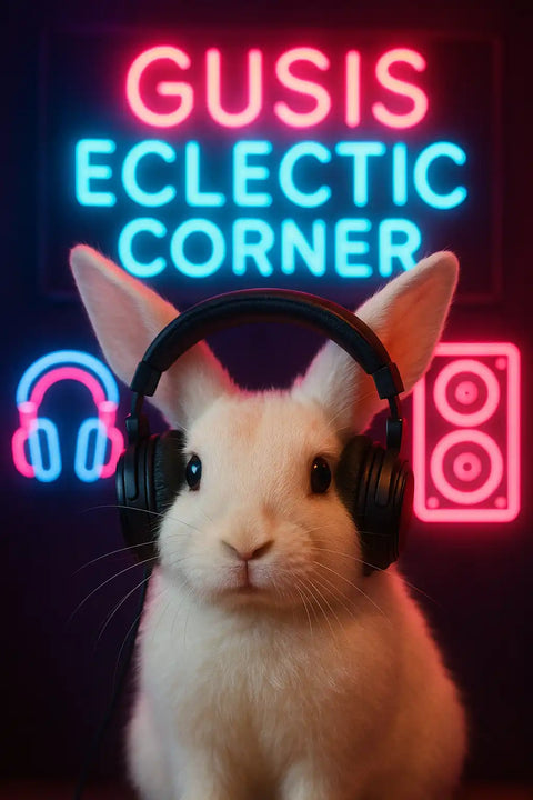 Conejo blanco con auriculares.