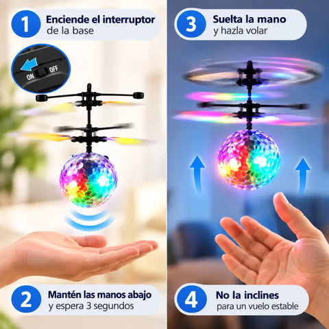 Bolea voladora led controlada por gestos con luces led y base negra de hovering aircraft con propulsores giratorios