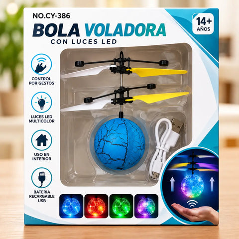 Caja de bola voladora led con superficie azul agrietada, luces led, hélices amarillas y brazos negros voladora led controlada