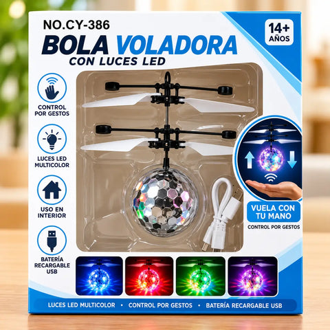 Bola voladora led en forma de bola disco plateada con luces multicolor y hélices negras en caja azul y blanca