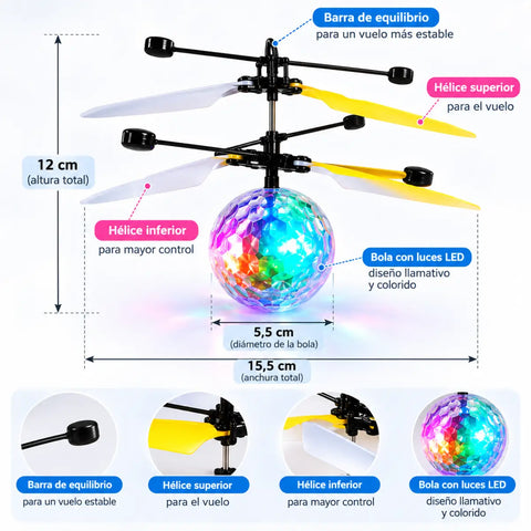Bola voladora led controlada por gestos con luces led coloridas y bastidor de helicóptero negro con hélices amarilla y blanca