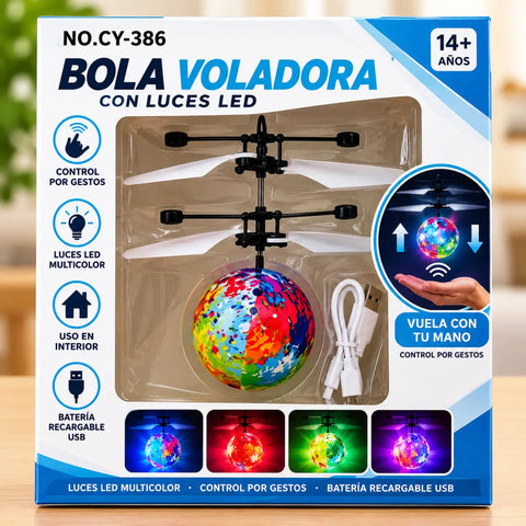 Bola voladora led multicolor con marco negro y hélices blancas voladora led controlada por gestos