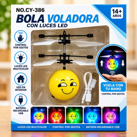 Bola voladora led amarilla con luz esférica sonriente, hélices negras y batería recargable usb controlada por gestos
