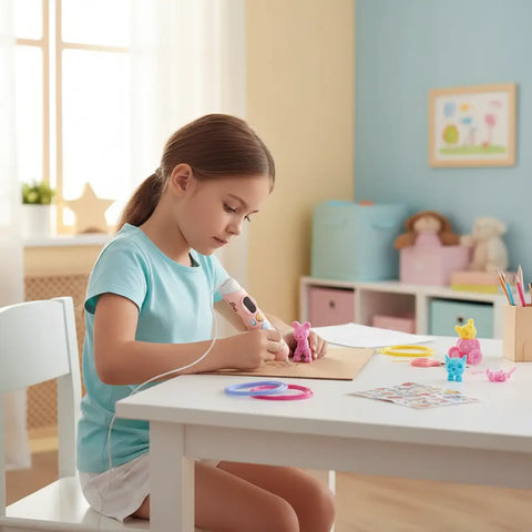 Niña de unos 8 años usando bolígrafo 3D infantil rosa y azul sobre un escritorio, creando figuras en relieve.