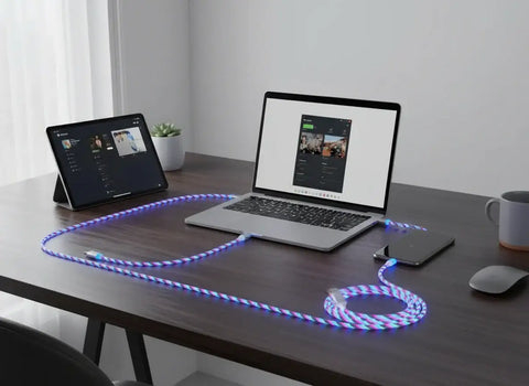 Detalle del refuerzo del cable magnético LED 3 en 1 mostrando su resistencia”