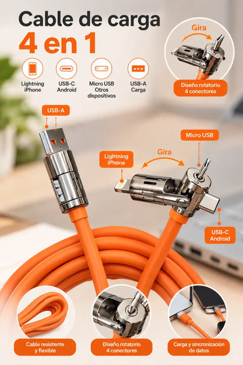 Cable de carga múltiple 4 en 1 naranja con conectores metálicos giratorios para coche u oficina de 1 5m