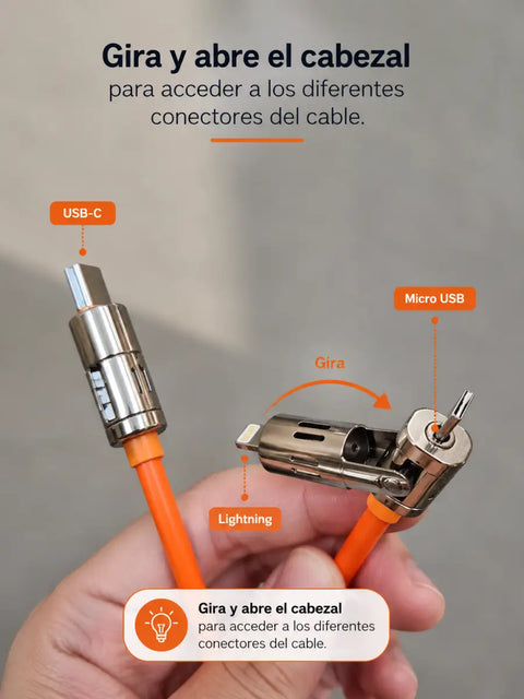 Cable de carga múltiple 4 en 1 naranja con cabezal giratorio y conectores de metal para usb-c micro usb y lightning ideal para coche u oficina solo cable