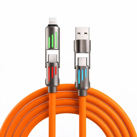 Cable de carga múltiple 4 en 1 naranja con conectores metálicos y leds verde, rojo y azul para entrega 24–48h