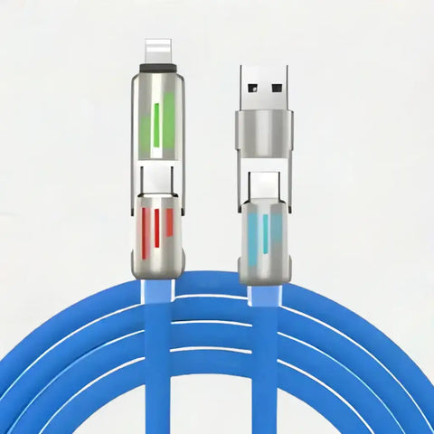 Cable de carga rápida 4 en 1 con conectores iluminados y diseño en azul