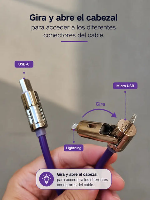 Cable de carga rápida 4 en 1 morado con conectores giratorios dorados usb-c micro usb y lightning para todos tus dispositivos