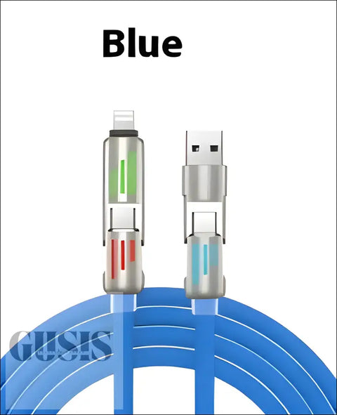 Cable de Carga Rápida 4 en 1 azul con conectores iluminados para carga de dispositivos