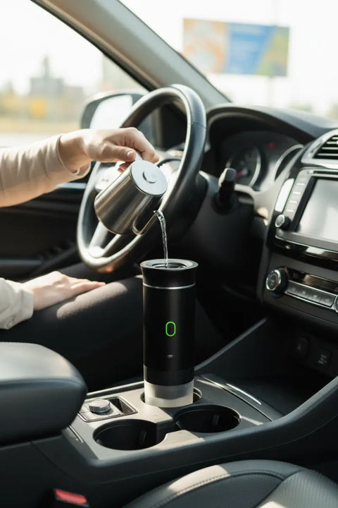 Cafetera portátil 3 en 1 utilizada dentro de un coche durante un viaje, preparada para hacer café en ruta.