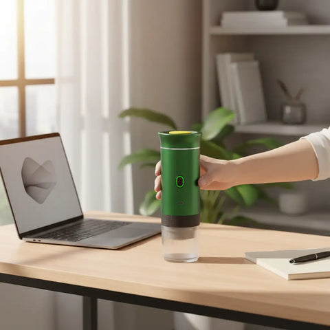 Cafetera 3 en 1 recargable USB-C verde con tapa amarilla y base transparente