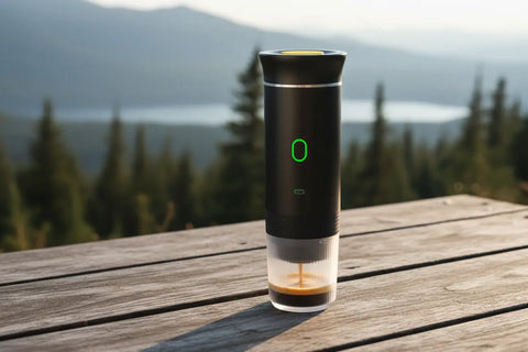 Cafetera portátil 3 en 1 negra con display verde, para café molido y Nespresso
