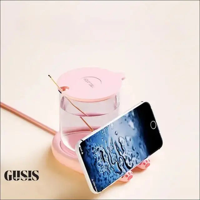 Calentador de taza eléctrico rosa para teléfonos con forma de perro y gato