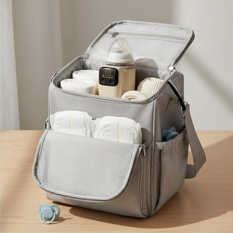 Calienta biberones USB compacto dentro de un bolso cambiador junto a accesorios de bebé