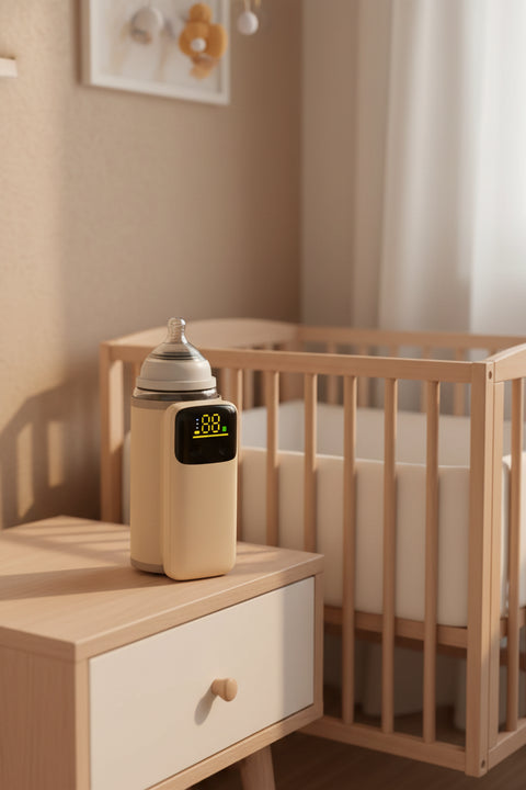 Calienta biberones USB encendido sobre mesita de noche junto a una cuna