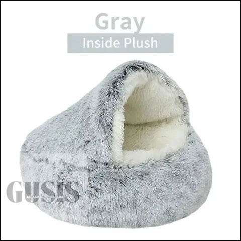 Cama de felpa suave para mascotas en gris con interior blanco y exterior fuzzy