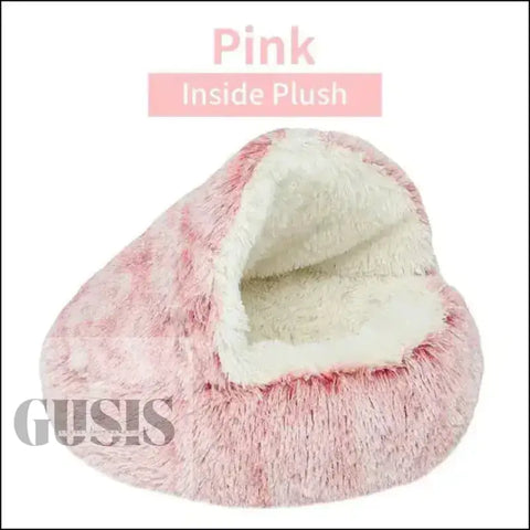 Cama de felpa suave rosa con interior blanco esponjoso para el descanso de mascotas