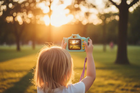 Niño con cámara infantil electrónica de fotos fácil uso capturando atardecer