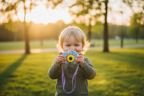 Niño sostiene cámara infantil electrónica de dinosaurio azul, fácil uso