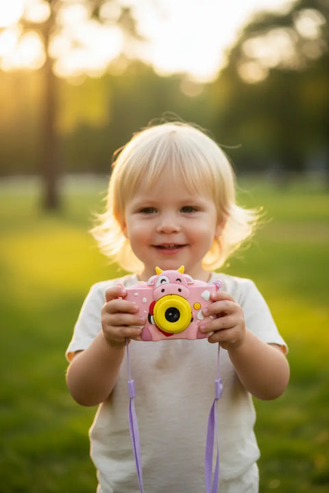 Cámara infantil de fotos en forma de vaca rosa, fácil uso y electrónica