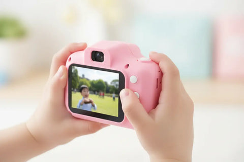 Cámara fotos para niños rosa con pantalla LCD y bordes redondeados