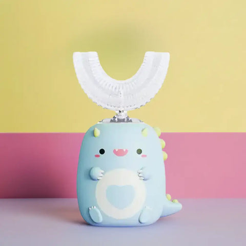 Cepillo de dientes eléctrico para niños con cabeza en forma de dinosaurio azul